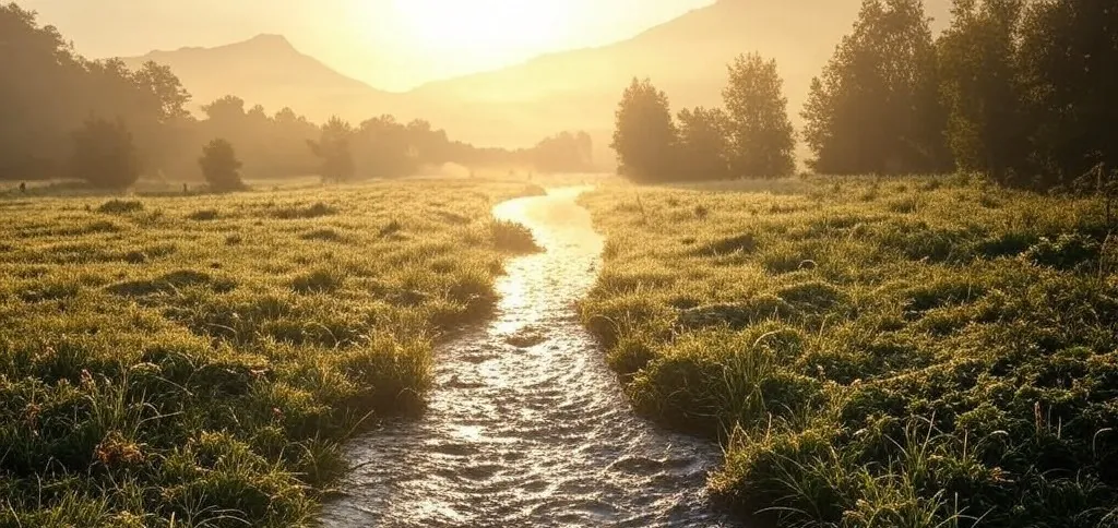 Een beek door een weiland bij zonsopgang