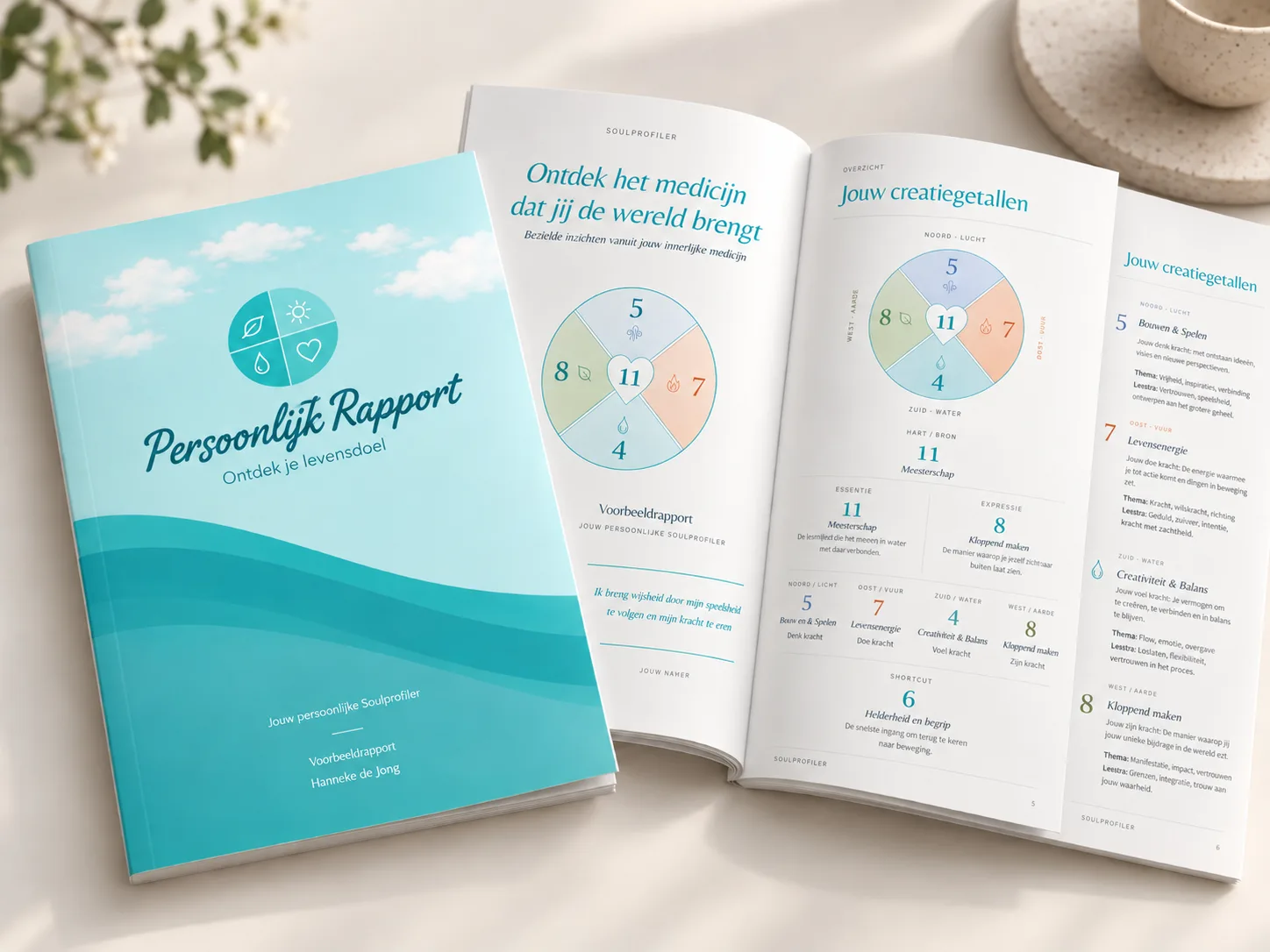 Het persoonlijke SoulProfiler-rapport: de omslag en een uitgeklapte pagina met je creatiewiel